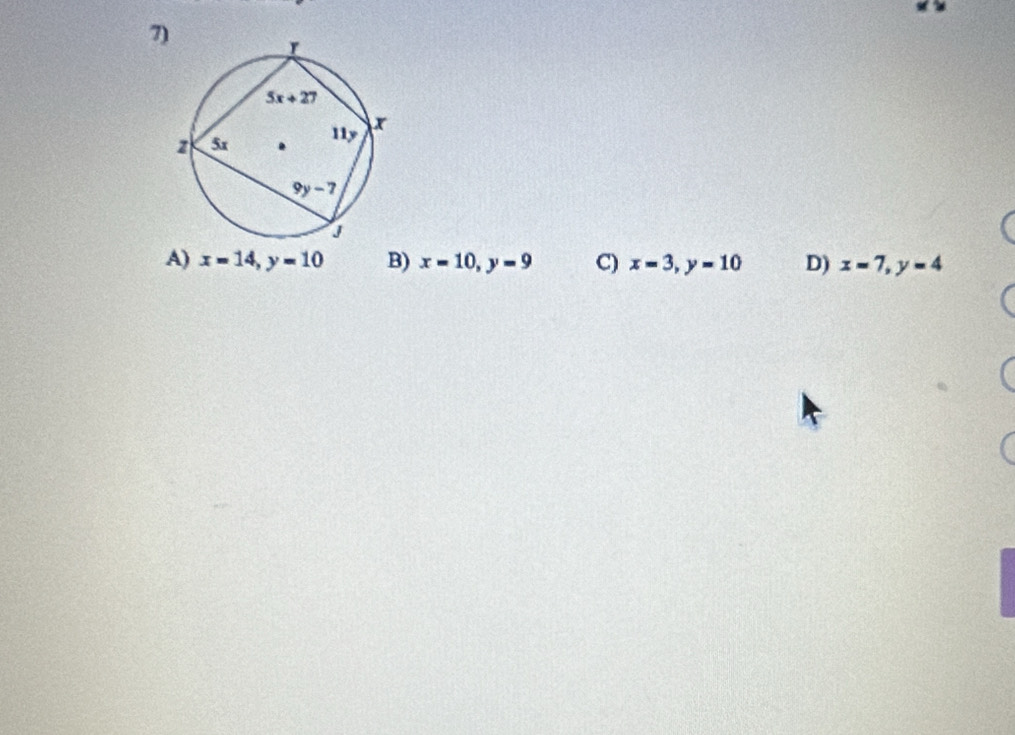 B) x=10,y=9 C) x=3,y=10 D) x=7,y=4