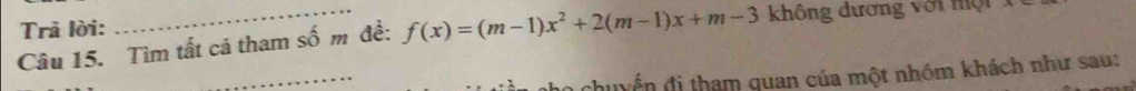 Trả lời: 
Câu 15. Tìm tất cả tham số m đề: f(x)=(m-1)x^2+2(m-1)x+m-3 không dương với nội 
_ 
Chuyến đi tham quan của một nhóm khách như sau: