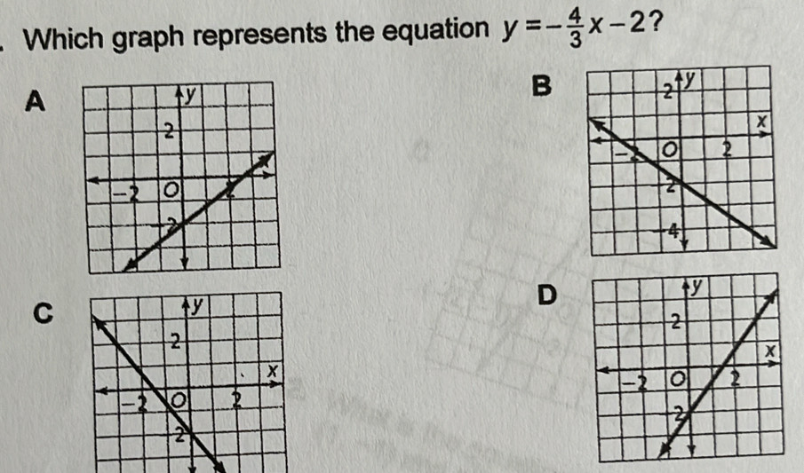 Which graph represents the equation y=- 4/3 x-2 ? 
A 
B 
C 
D