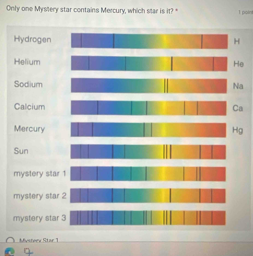 Only one Mystery star contains Mercury, which star is it? * 1 poin!
Hydrogen H
Helium
Sodiuma
Calciuma
Mercuryg
Sun
mystery sta
mystery sta
mystery sta
Mvsterv Star 1