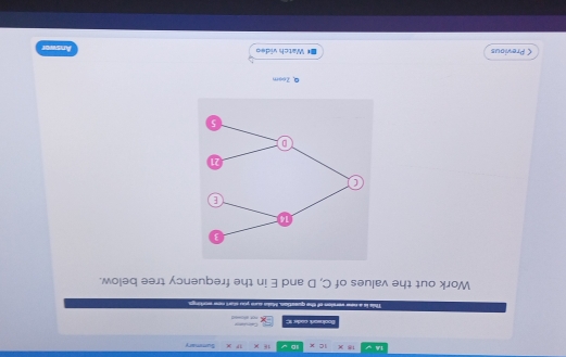 1A 18* icx 1D 16-x Summary 
Boolnwork coder 1: 
This is a new version of the queation. Make sure you start oee workings 
Work out the values of C, D and E in the frequency tree below. 
Q. Zeam 
< Previous ** Watch video Answor