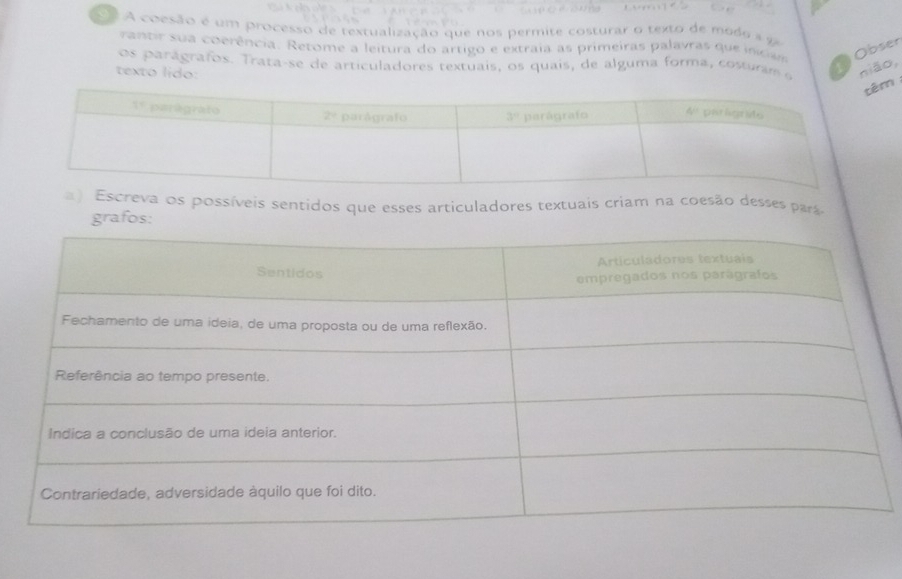 A coesão é um processo de textualização que nos permite costurar o texto de modo a ge
rantr sua coerência. Retome a leitura do artigo e extraia as primeiras palavras que incism Obser
os paragrafos. Trata-se de articuladores textuais, os quais, de alguma forma, costurm e niǎo,
texto lido:
m
) Escreva os possíveis sentidos que esses articuladores textuais criam na coesão desses pars.
grafos: