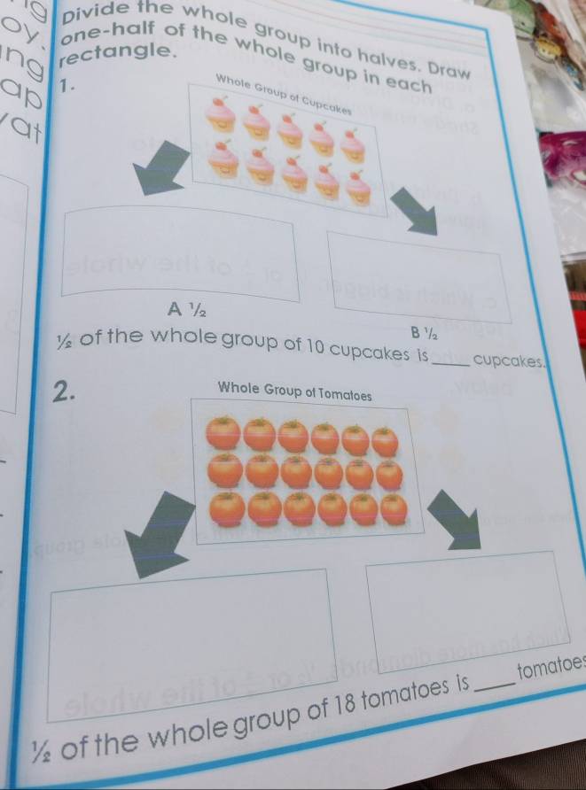 Divide the whole group into halves. Draw 
rectangle. 
one-half of the whole group in each 
a 1. 
Whole Group of Cupcakes 
A ½
B ½
½ of the whole group of 10 cupcakes is _cupcakes. 
2. 
Whole Group of Tomatoes
½ of the whole group of 18 tomatoes is _tomatoes