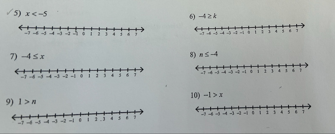 x
6) -4≥ k

7) -4≤ x 8) n≤ -4
10) 
9) 1>n -1>x