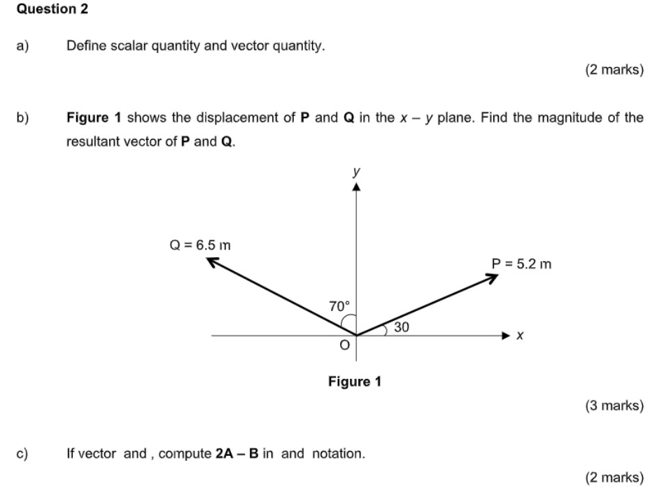 Define scalar quantity and vector quantity.
(2 marks)
b) Figure 1 shows the displacement of P and Q in the x-y plane. Find the magnitude of the
resultant vector of P and Q.
Figure 1
(3 marks)
c) If vector and , compute 2A - B in and notation.
(2 marks)