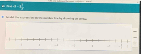 Add and Suberacz Rationals — Quiz — Level G
Find -3-2 1/3 .
€ Model the expression on the number line by drawing an arrow.
←