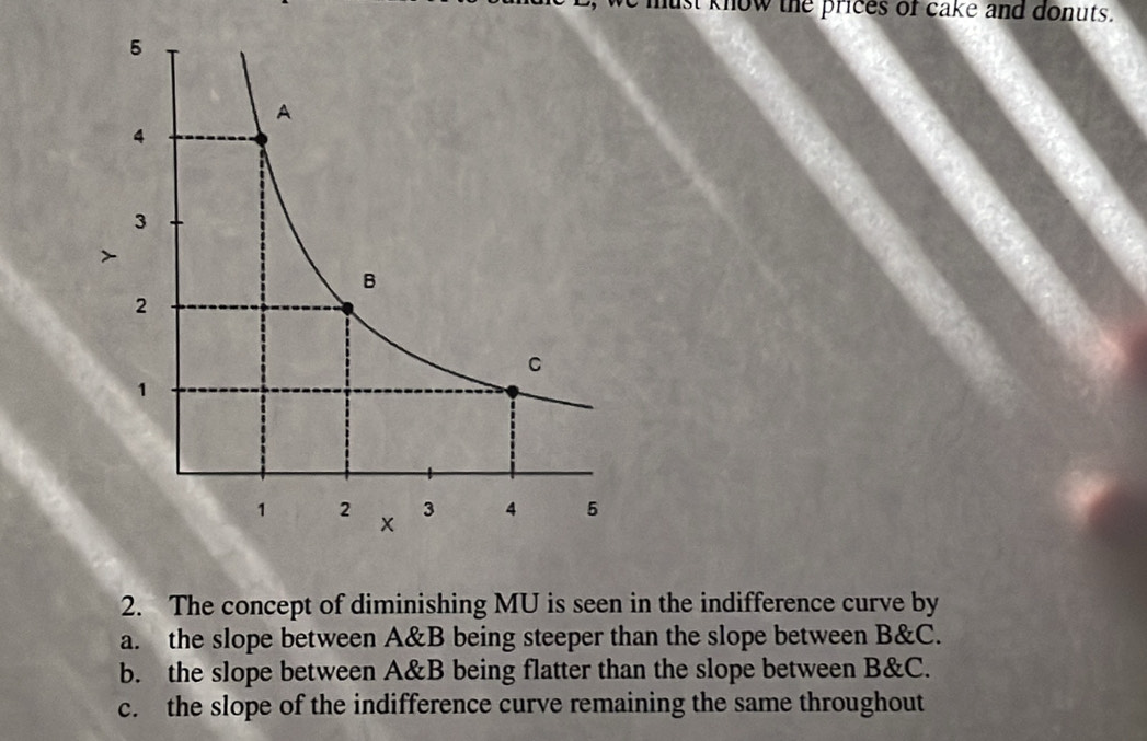 must know the prices of cake and donuts.
2. The concept of diminishing MU is seen in the indifference curve by
a. the slope between A&B being steeper than the slope between B&C.
b. the slope between A&B being flatter than the slope between B&C.
c. the slope of the indifference curve remaining the same throughout