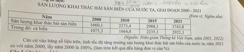 3ố nệu: 
SN LƯợNG KHAI THÁC HẢI SẢN BIEN CủA NƯỚC TA, GIAI ĐOẠN 2000 - 20
tấn) 
(Nguồn: Niên giám Thổng kê Việt Nam, năm 2001, 2022) 
Căn cứ vào bảng số liệu trên, tính tốc độ tăng trưởng sản lượng khai thác hải sản biển của nước ta, năm 2021 
so với năm 2000, lấy năm 2000 là 100%, (làm tròn kết quả đến hàng đơn vị của %).