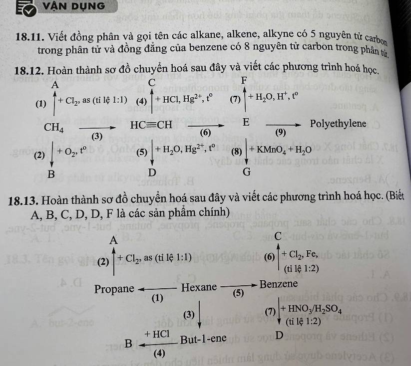 VậN DụNG
18.11. Viết đồng phân và gọi tên các alkane, alkene, alkyne có 5 nguyên tử carbon
trong phân tử và đồng đẳng của benzene có 8 nguyên tử carbon trong phân tử.
18.12. Hoàn thành sơ đồ chuyển hoá sau đây và viết các phương trình hoá học.
18.13. Hoàn thành sơ đồ chuyển hoá sau đây và viết các phương trình hoá học. (Biết
A, B, C, D, D, F là các sản phẩm chính)
(2) uparrow +Cl_2,as (tỉ lệ 1:1)
 ...
beginarrayr C (6)|+C_12Fe, (iik&12)endarray
Propane overline  Hexane overline C Benzene
(1)
(5)
(3)
(7)downarrow +HNO_3,H_2SO_4 beginbmatrix H10_31.2endpmatrix
Barrow  (+HCl)/(4)  But-1-ene