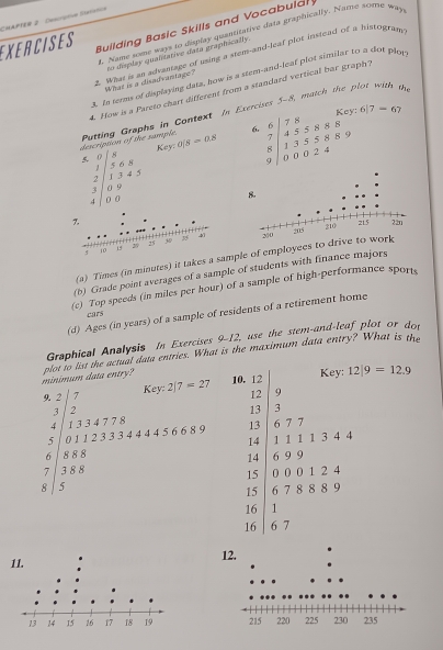 CHAPTER 2 Descrate Statotia
EXERCISES Building Basic Skills and Vocabula 
L. Name some ways to display quantitative data graphically. Name some way
to display qualidative data graphically.
e. What is an advantage of using a stem-and-leaf plot instead of a histogram
t. In terms of displaying data, how is a stem-and-leaf plot similar to a dot plot
what is a disauvanfag 
4. How is a Pareto chart different from a standard vertical bar graph?
Putting Graphs in Context in Exercises 5-8, match the plot with th
d n of the sumple. beginarrayr .6|78 7|455888 1355889 9|00024endarray
6|7=67
beginbmatrix 0&0&8 -1&1&5&6&8 2&1&3&4&5 3&0&9 0&0&0endbmatrix Key 0/8=0.8
(a) Times (in minutes) it takes a sample of employees to drive to
(b) Grade point averages of a sample of students with finance majors
(c) Top speeds (in miles per hour) of a sample of high-performance sport
(d) Ages (in years) of a sample of residents of a retirement home
cars
Graphical Analysis In Exercises 9-12, use the stem-and-leaf plot or dor
minimum data entry? plot to list the actual data entries. What is the maximum data entry? What is the
Key:
4 Key: 2/7=27 10. 12 12|9=12.9
12 9
beginarrayr 2 3 4 5 6&3 6 5 5 8 8&88 5 8 8endarray 2 3 3 3 4 4 4 4 5 6 6 8 9 4 7 7 8 6 7 7
□ 
13 3
13
14 1 1 1 1 3 4 4
14 6 9 9
15 0 0 0 1 2 4
15 6 7 8 8 8 9
16 1
16 6 7
1