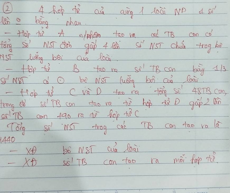 2 4 Rop tò aá aing ( toài ND a sé 
lāi o bāng nhau. 
=Htop t A nlpham tao in cad TB con co 
tǒngNS dàn gāp 4 fàn sí NSī chuia trog hò 
sī hǒng bāi cuá leà. 
-fp te B tao re s 7B can bag 113
S NST dO bó Nǎi luǒng bà cuà loai 
-ffop tì ( và o tao ra tóng so 4871B3 can, 
trong d so Tig can tao ra tè hàp Kè D gāo zcn
71 can +9o ra ne hop tB C 
Tóng s MST trog cae TB can tao ra là
1440
X8 bó NST ca Poài 
sè TB con too ra mài hop hé.