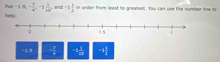 Puit -1.9, - 7/4 , -1 1/10  , and -1 1/2  in order from least to greatest. You can use the number line to
help.
−1.9 - 7/4  -1 1/10  -1 1/2 