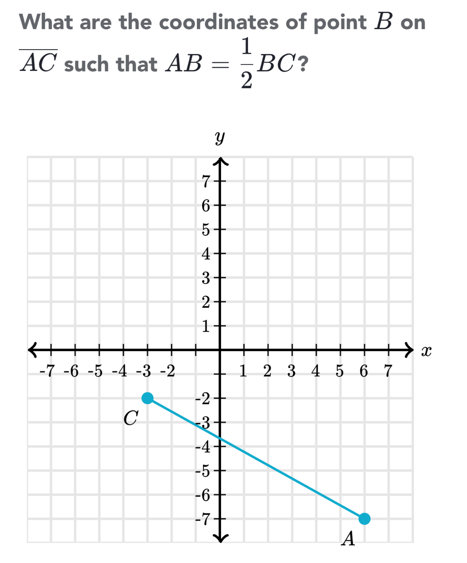 What are the coordinates of point B on
overline AC such that AB= 1/2 BC ?