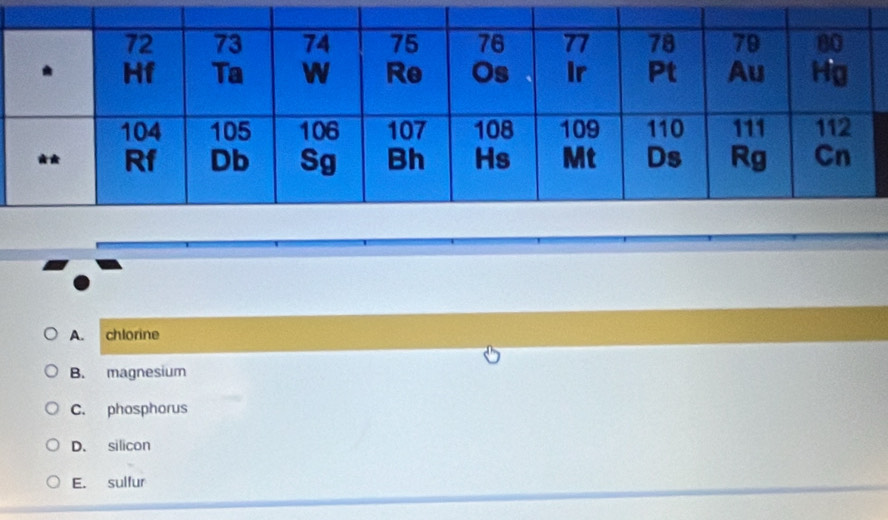 A. chlorine
B. magnesium
C. phosphorus
D. silicon
E. sulfur