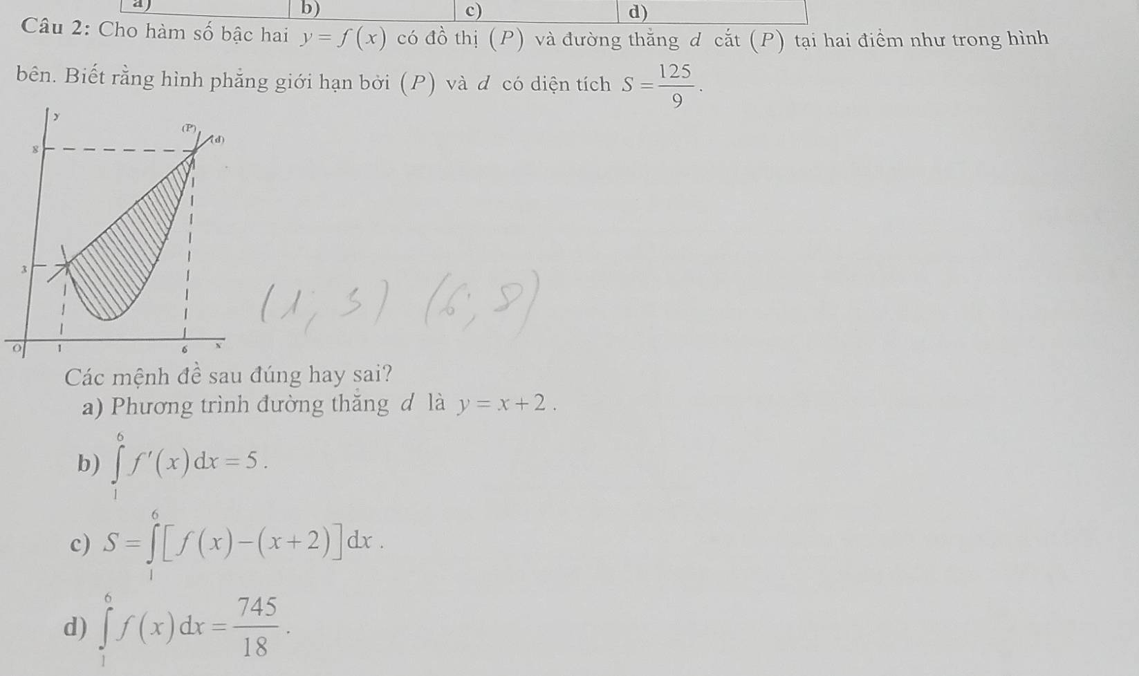 a)
b)
c)
d)
Câu 2: Cho hàm số bậc hai y=f(x) có đồ thị (P) và đường thắng d cắt (P) tại hai điểm như trong hình
bên. Biết rằng hình phẳng giới hạn bởi (P) và đ có diện tích S= 125/9 . 
Các mệnh đề sau đúng hay sai?
a) Phương trình đường thăng d là y=x+2.
b) ∈tlimits _1^(6f'(x)dx=5.
c) S=∈tlimits _1^6[f(x)-(x+2)]dx.
d) ∈tlimits _1^6f(x)dx=frac 745)18.