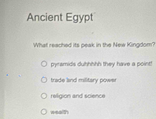 Ancient Egypt
What reached its peak in the New Kingdom?
pyramids duhhhhh they have a point!
trade and military power
religion and science
wealth