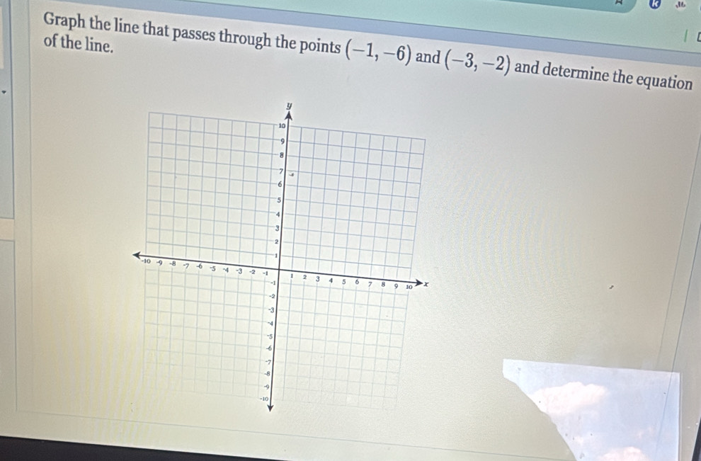 of the line. 
Graph the line that passes through the points (-1,-6) and (-3,-2) and determine the equation