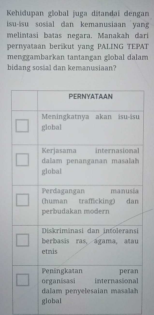 Kehidupan global juga ditandaí dengan 
isu-isu sosial dan kemanusiaan yan 
melintasi batas negara. Manakah dari 
pernyataan berikut yang PALING TEPAT 
menggambarkan tantangan global dalam 
bidang sosial dan kemanusiaan?