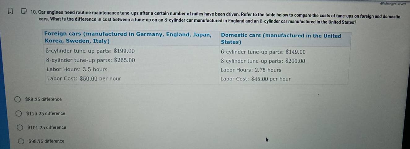 All changes saved
10. Car engines need routine maintenance tune-ups after a certain number of miles have been driven. Refer to the table below to compare the costs of tune-ups on foreign and domestic
cars. What is the difference in cost between a tune-up on an 8 -cylinder car manufactured in England and an 8 -cylinder car manufactured in the United States?
$89.25 difference
$116.25 difference
$101.25 difference
$99.75 difference