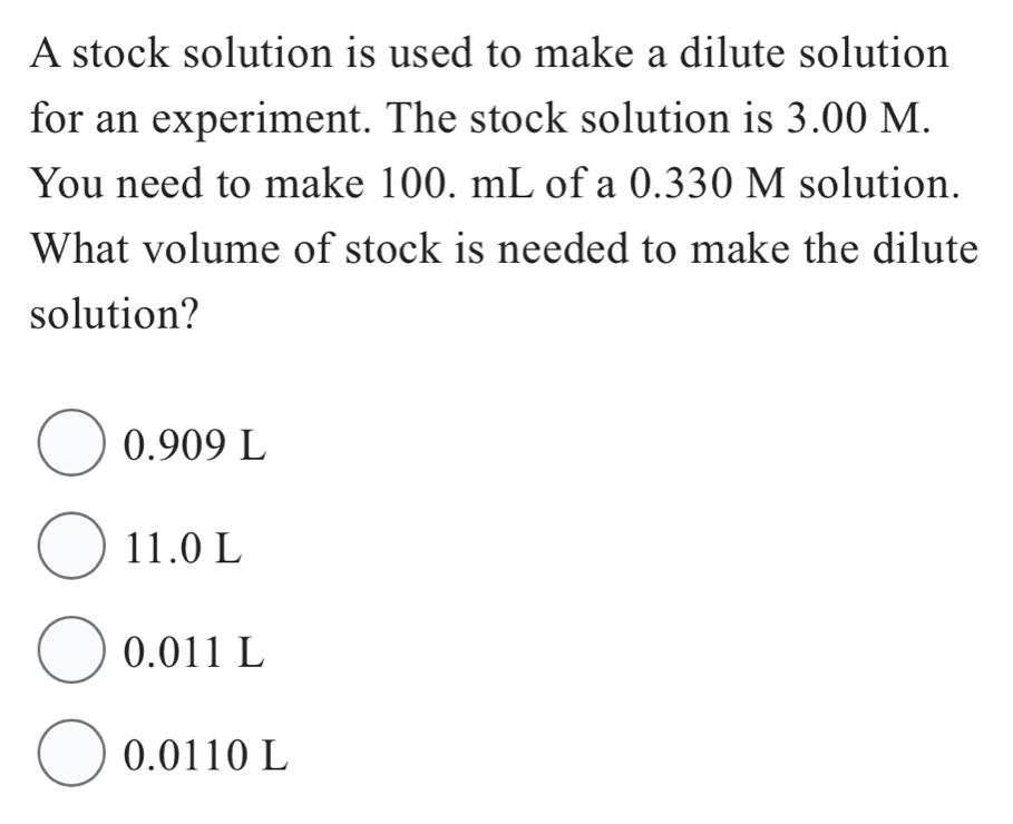 Solved: A stock solution is used to make a dilute solution for an ...