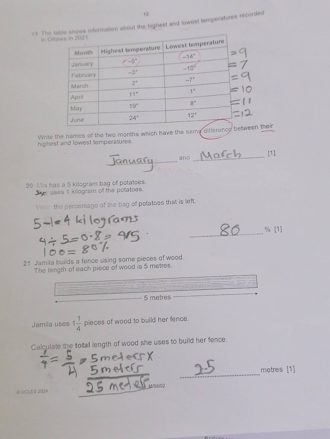 12
19 The ormation about the highest and lowest temperatures recorded
in Ot
Write the names of the two months which have the same den their
highest and lowest temperatures.
[1]
_
and
_
20 Mia has a 5 kilogram bag of potatoes.
uses 1 kilogram of the potatoes.
Write the percentage of the bag of potatoes that is left.
_
% [1]
21 Jamila builds a fence using some pieces of wood.
The length of each piece of wood is 5 metres.
5 metres
Jamila uses 1 1/4  pieces of wood to build her fence.
Calculate the total length of wood she uses to build her fence.
_
metres [1]
@ UCLES 2024 M/S6/02