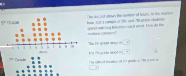 he dot plot shows the number of hours, to the nearest
5^(th)
our, that a sample of 5th - and 7th -grade students
pend watching television each week. How do the
edians compare?
The 5th -grade range is vee 
The 7th grade range is □ v
7^(th) Grade
The ratio of variation of 5th grade to 7th grade is
overline 