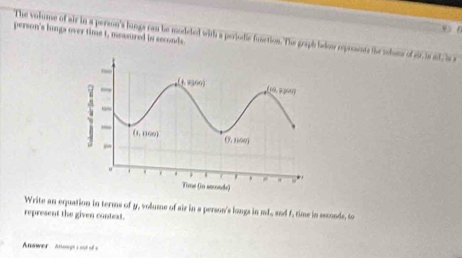 9》 0
person's lungs over time t, measured in seconds.
The volume of air in a person's lungs can be modeled with a pariodie function. The graph bedow reprssents the selums of sir, is ad eis a
Write an equation in terms of y, volume of air in a person's lungs in mL., and f, time in seconds, to
represent the given context.
Answer  Attampt ; out of s