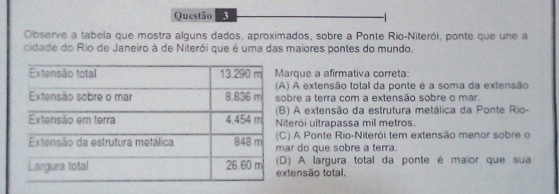 Observe a tabela que mostra alguns dados, aproximados, sobre a Ponte Rio-Niterói, ponte que une a
cidade do Rio de Janeiro à de Niterói que é uma das maiores pontes do mundo.
Marque a afirmativa correta:
A) A extensão total da ponte é a soma da extensão
obre a terra com a extensão sobre o mar.
B) A extensão da estrutura metálica da Ponte Rio-
iterói ultrapassa mil metros.
C) A Ponte Rio-Niterói tem extensão menor sobre o
ar do que sobre a terra.
D) A largura total da ponte é maior que sua
xtensão total.