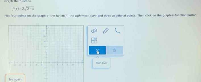 Graph the function.
f(x)=2sqrt(2-x)
Plot four points on the graph of the function: the rightmost point and three additional points. Then click on the graph-a-function button. 
Start over 
Try again