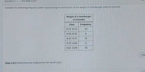 = of 6 Step 2 of 2 
Consider the following frequency table representing the distribution of the weight of a hamburger patty (in pounds) 
Cop 
Step 2 of 2: Determine the midpoint for the fourth class.