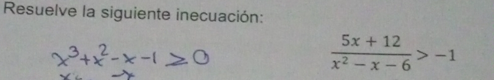 Resuelve la siguiente inecuación:
 (5x+12)/x^2-x-6 >-1