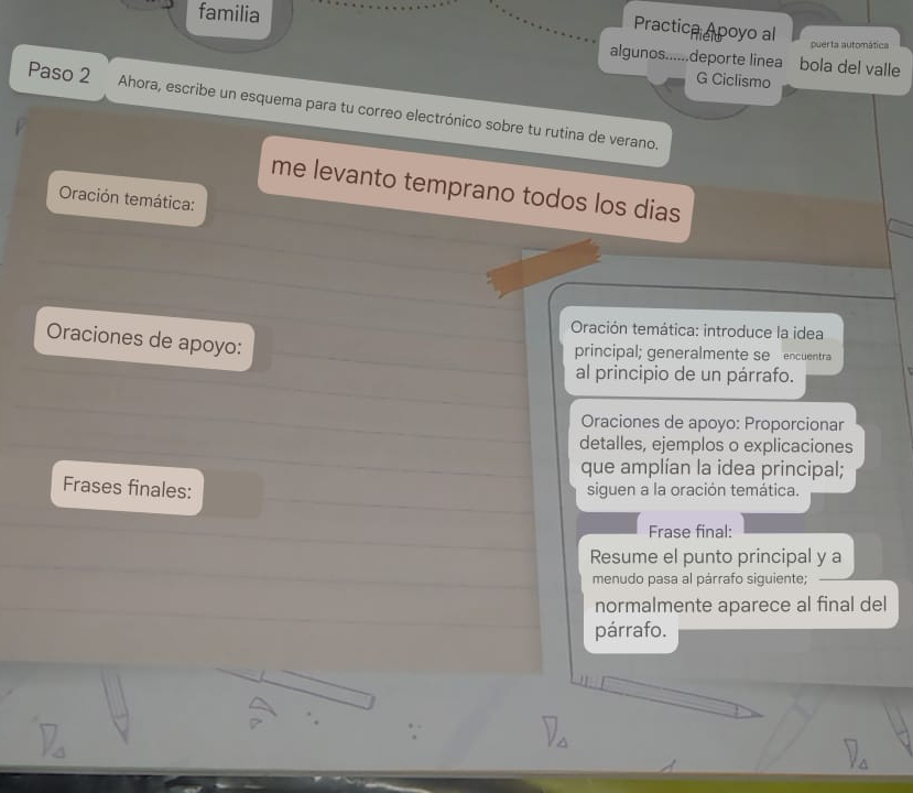 familia 
Practica Apoyo al 
puerta automática 
algunos......deporte linea bola del valle 
G Ciclismo 
Paso 2 Ahora, escribe un esquema para tu correo electrónico sobre tu rutina de verano. 
me levanto temprano todos los dias 
Oración temática: 
Oración temática: introduce la idea 
Oraciones de apoyo: 
principal; generalmente se encuentra 
al principio de un párrafo. 
Oraciones de apoyo: Proporcionar 
detalles, ejemplos o explicaciones 
que amplían la idea principal; 
Frases finales: siguen a la oración temática. 
Frase final: 
Resume el punto principal y a 
menudo pasa al párrafo siguiente; 
normalmente aparece al final del 
párrafo.