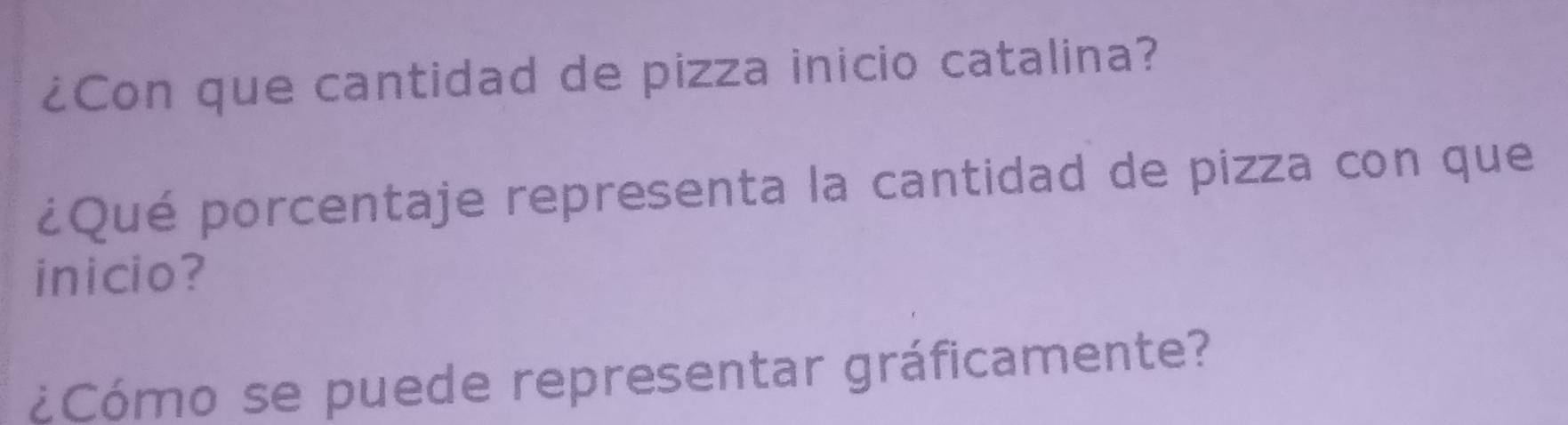 ¿Con que cantidad de pizza inicio catalina? 
¿Qué porcentaje representa la cantidad de pizza con que 
inicio? 
¿Cómo se puede representar gráficamente?