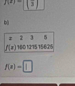 f(2)=frac 3
b)
x 2 3 5
f(x) 160 1215 15625
f(x)=□