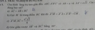 Cho hình lãng trụ tam giác đều BC.A'B'C * có AB=a AA'=asqrt(2) Các 
đùng hay sai? 
a) AC=AB+BC
b) Gọi M là trung điểm #C khi đó overline A'M=overline A'A+overline A'B'-overline CM. 
c) vector A'M· vector AC= a^2sqrt(3)/4 . 
d) Góc giữa vecto overline AB và BC^5 bàng 60°. 
c ó các đình 4(1: