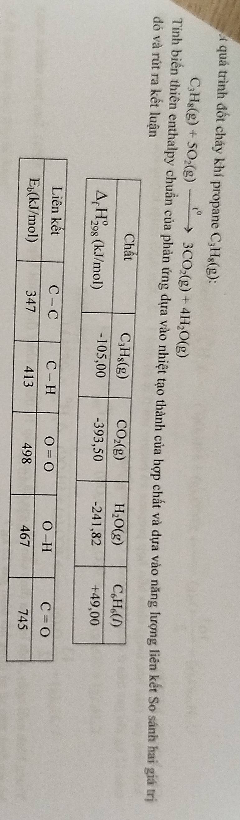 quá trình đốt cháy khí propane C_3H_8(g):
C_3H_8(g)+5O_2(g)xrightarrow t^03CO_2(g)+4H_2O(g)
Tính biến thiên enthalpy chuẩn của phản ứng dựa vào nhiệt tạo thành của hợp chất và dựa vào năng lượng liên kết So sánh hai giá trị
đó và rút ra kết luận