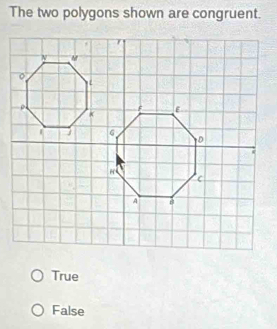 The two polygons shown are congruent.
True
False