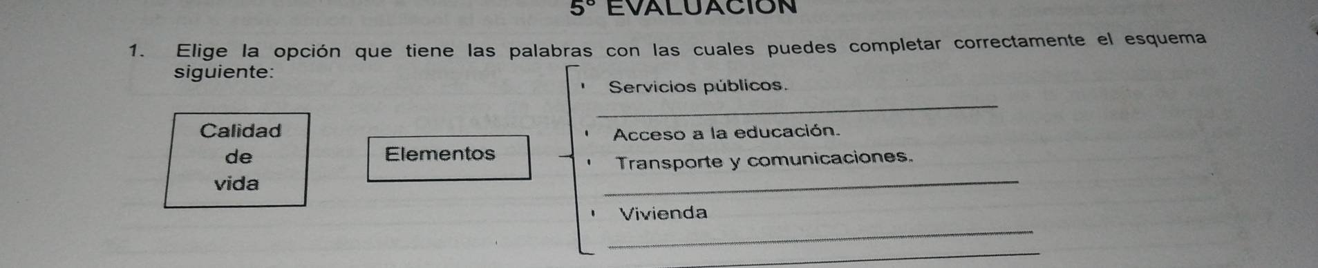 5° EVALUACION 
1. Elige la opción que tiene las palabras con las cuales puedes completar correctamente el esquema 
siguiente: 
Servicios públicos. 
_ 
Calidad 
Acceso a la educación. 
de Elementos 
Transporte y comunicaciones. 
vida 
_ 
_ 
Vivienda 
_