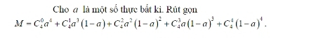 Cho a là một số thực bắt ki. Rút gọn
M=C_4^(0a^4)+C_4^(1a^3)(1-a)+C_4^(2a^2)(1-a)^2+C_4^(3a(1-a)^3)+C_4^(4(1-a)^4).