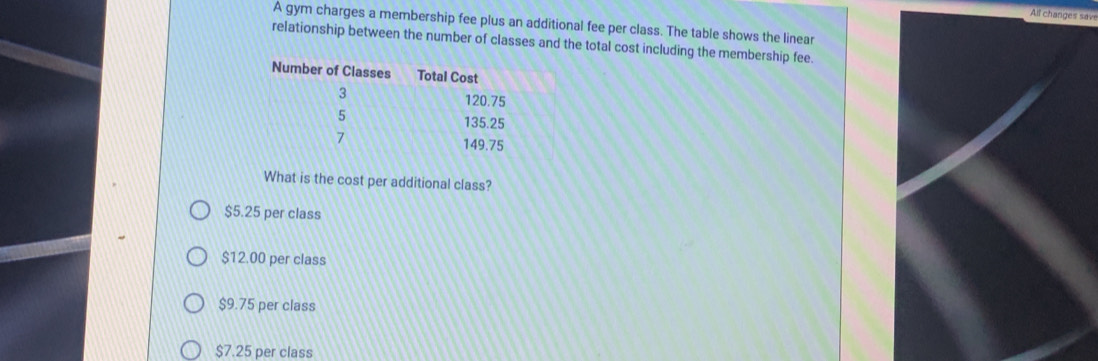 All changes save
A gym charges a membership fee plus an additional fee per class. The table shows the linear
relationship between the number of classes and the total cost including the membership fee.
What is the cost per additional class?
$5.25 per class
$12.00 per class
$9.75 per class
$7.25 per class