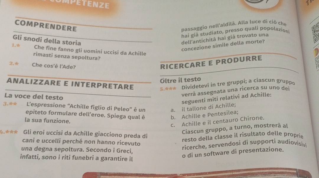 UMPETENZE
7
COMPRENDERE
passaggio nell'aldilà. Alla luce di ciỏ che
hai già studiato, presso qualí popolazioni
Gli snodi della storia
dell'antichità hai già trovato una
concezione simile della morte?
1.* Che fine fanno gli uomini uccisi da Achille
rimasti senza sepoltura?
2.* Che cos'è l'Ade?
RICERCARE E PRODURRE
a
a
Óltre il testo
ANALIZZARE E INTERPRETARE 5.*** Dividetevi in tre gruppi; a ciascun gruppo
La voce del testo
verrà assegnata una ricerca su uno dei
seguenti miti relativi ad Achille:
3.** L'espressione “Achille figlio di Peleo” è un a. il tallone di Achille;
epiteto formulare dell’eroe. Spiega qual è b. Achille e Pentesilea;
la sua funzione.
c. Achille e il centauro Chirone.
Ciascun gruppo, a turno, mostrerà al
4.*** Gli eroi uccisi da Achille giacciono preda di
resto della classe il risultato delle proprie
cani e uccelli perché non hanno ricevuto
una degna sepoltura. Secondo i Greci,
ricerche, servendosi di supporti audiovisivi
infatti, sono i riti funebri a garantire il
o di un software di presentazione.