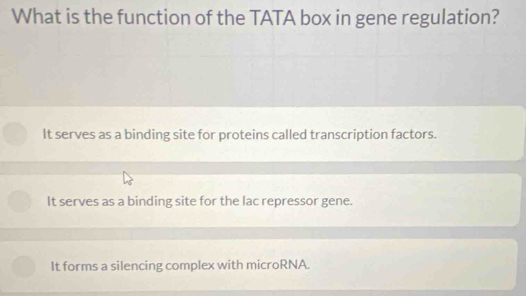 What is the function of the TATA box in gene regulation?
It serves as a binding site for proteins called transcription factors.
It serves as a binding site for the lac repressor gene.
It forms a silencing complex with microRNA.