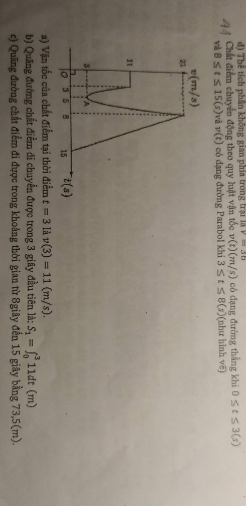 d) Thể tích phần không gian phía trong trại là V=36
Chất điểm chuyển động theo quy luật vận tốc v(t)(m/s) có dạng đường thắng khi 0≤ t≤ 3(s)
và 8≤ t≤ 15(s) và v(t) có đạng đường Parabol khi 3≤ t≤ 8(s) (như hình vẽ)
a) Vận tốc của chất điểm tại thời điểm t=3 Ià v(3)=11(m/s).
b) Quãng đường chất điểm di chuyển được trong 3 giây đầu tiên là: S_1=∈t _0^311dt(m)
c) Quãng đường chất điểm đi được trong khoảng thời gian từ 8giây đến 15 giây bằng 73,5(m).