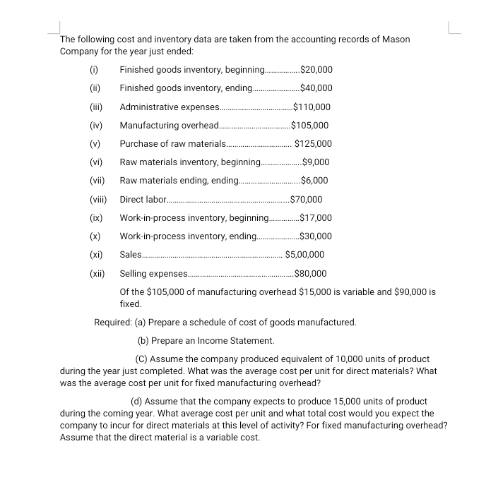 The following cost and inventory data are taken from the accounting records of Mason 
Company for the year just ended: 
(i) Finished goods inventory, beginning _ $20,000
(ii) Finished goods inventory, ending_ $40,000
(iii) Administrative expenses_ $110,000
(iv) Manufacturing overhead _ $105,000
(v) Purchase of raw materials_ $125,000
(vi) Raw materials inventory, beginning_ $9,000
(vii) Raw materials ending, ending_ $6,000
(viii) Direct labor _ $70,000
(ix) Work-in-process inventory, beginning_ $17,000
(x) Work-in-process inventory, ending_ . $30,000
(xi) Sales_ $5,00,000
(xii) Selling expenses _ $80,000
Of the $105,000 of manufacturing overhead $15,000 is variable and $90,000 is 
fixed. 
Required: (a) Prepare a schedule of cost of goods manufactured. 
(b) Prepare an Income Statement. 
(C) Assume the company produced equivalent of 10,000 units of product 
during the year just completed. What was the average cost per unit for direct materials? What 
was the average cost per unit for fixed manufacturing overhead? 
(d) Assume that the company expects to produce 15,000 units of product 
during the coming year. What average cost per unit and what total cost would you expect the 
company to incur for direct materials at this level of activity? For fixed manufacturing overhead? 
Assume that the direct material is a variable cost.