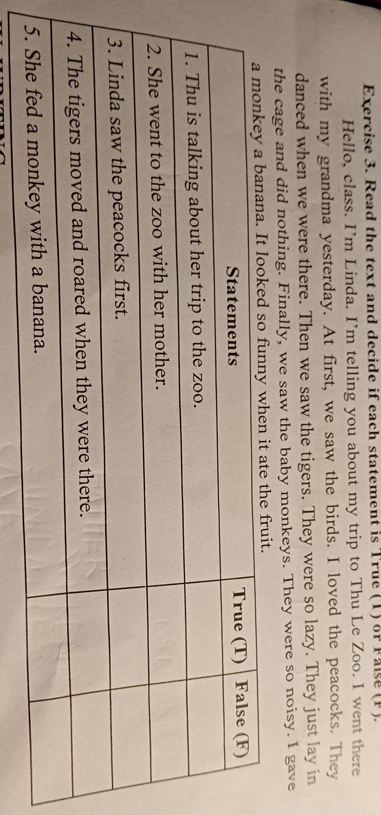 Read the text and decide if each statement is True (T) or False (F). 
Hello, class. I’m Linda. I’m telling you about my trip to Thu Le Zoo. I went there 
with my grandma yesterday. At first, we saw the birds. I loved the peacocks. They 
danced when we were there. Then we saw the tigers. They were so lazy. They just lay in 
the cage and did nothing. Finally, we saw the baby monkeys. They were so noisy. I gave 
it.