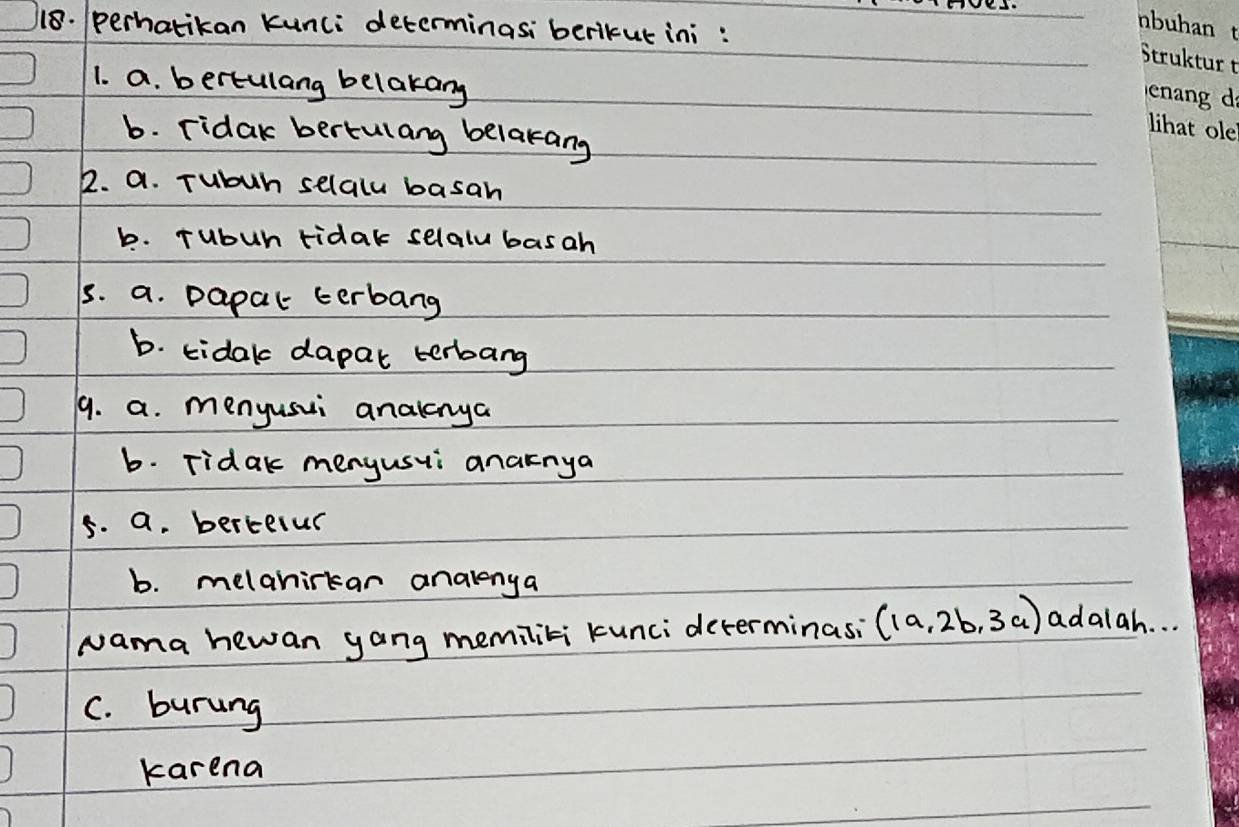 perhatikan kunci determinasi berikut ini:
1. a. bertulang belakang
b. ridak bertulang belakang
22. a. Tubuh selall basan
b. Tubuh tidak selalu basah
5. a. papal terbang
b. tidak dapar terbang
9. a. menyusui analonya
b. Tidak menyusui anaknya
5. a. bertelur
b. melanictar analonga
Nama hewan yang memiliki kunci determinasi (1a,2b,3a) adalah. . .
C. burung
karena