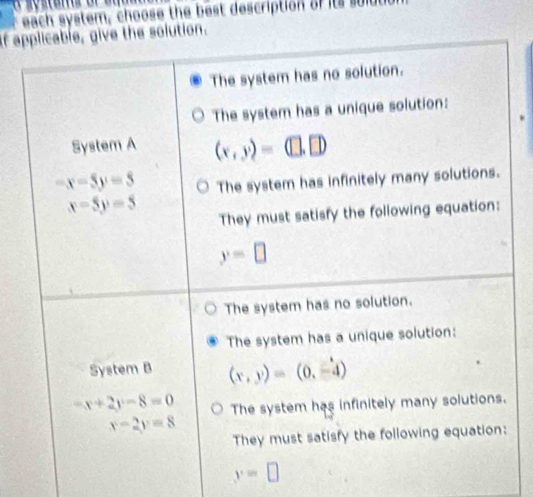 each system, choose the best description of its solut
If aolution.
y=□