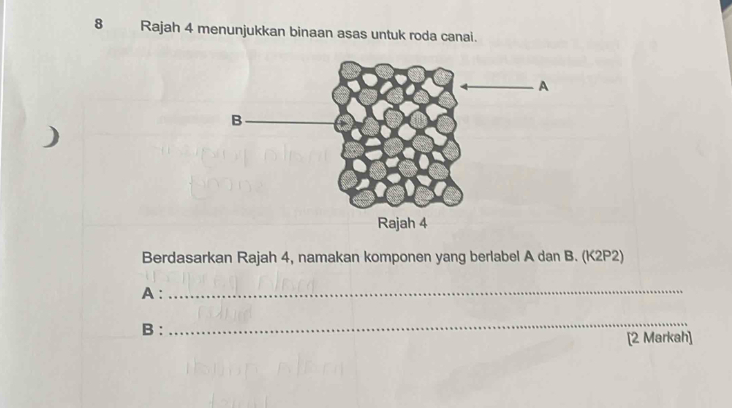 Rajah 4 menunjukkan binaan asas untuk roda canai. 
Berdasarkan Rajah 4, namakan komponen yang berlabel A dan B. (K2P2) 
A: 
_ 
B : 
_ 
[2 Markah]