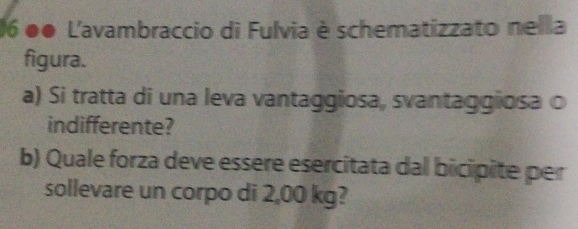 16 ●● L'avambraccio di Fulvia è schematizzato nella 
figura. 
a) Si tratta di una leva vantaggiosa, svantaggiosa o 
indifferente? 
b) Quale forza deve essere esercitata dal bicipite per 
sollevare un corpo di 2,00 kg?