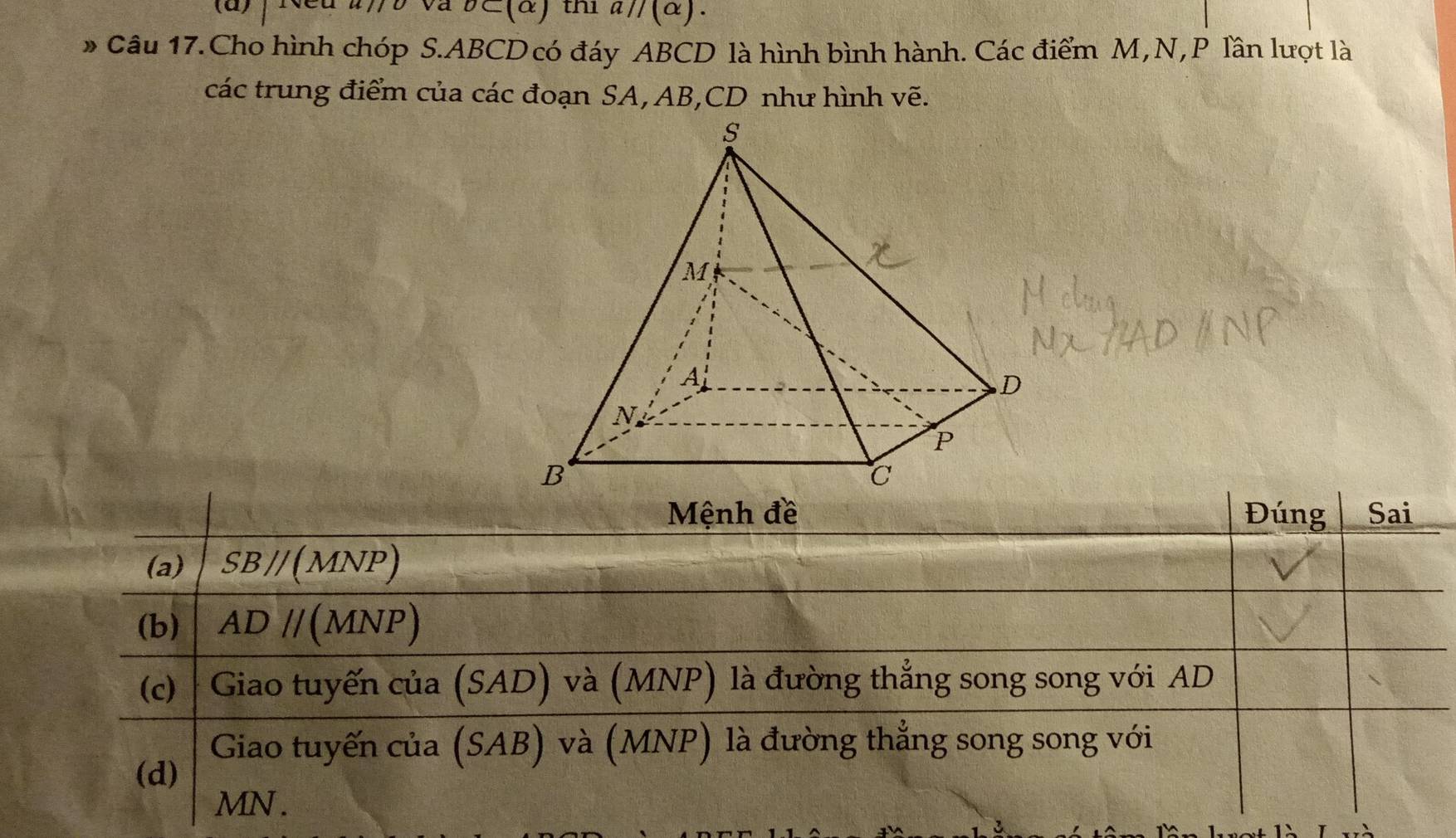 va   (a) thì aparallel (alpha ).
* Câu 17. Cho hình chóp S.ABCD có đáy ABCD là hình bình hành. Các điểm M,N, P lần lượt là
các trung điểm của các đoạn SA, AB,CD như hình vẽ.